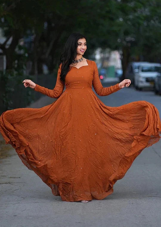 Pure Georgette Orange Colour all over pearl work long dress gown