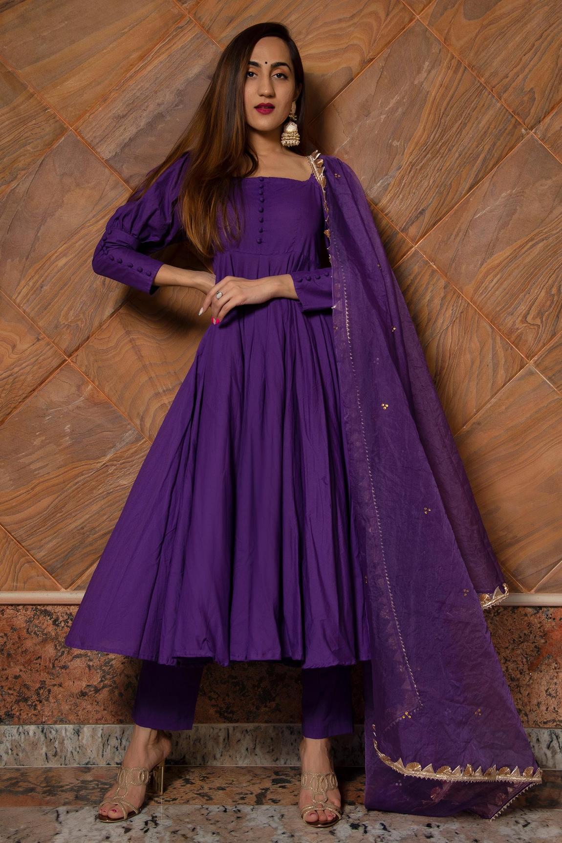 Purple Pure Cotton Anarkali Set