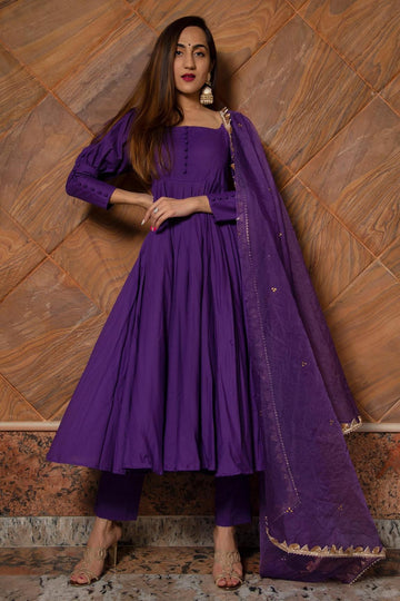 Purple Pure Cotton Anarkali Set
