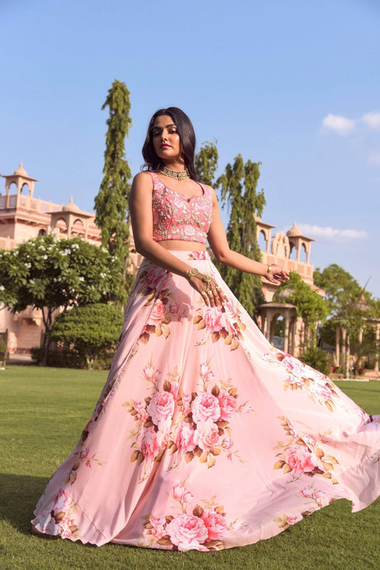 Pink Floral Partywear Top And Bottom Set