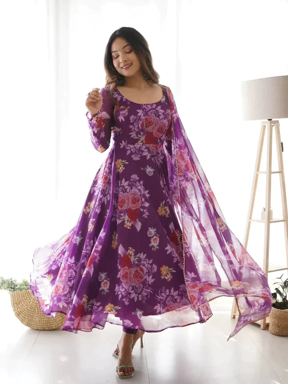 Wine Flower Pure Soft Organza Print Fabric Fully Flair Anarkali,With Duppta Set