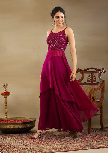 Sequins Embroidered Asymmetrical Wine Georgette Kurta Palazzo Set