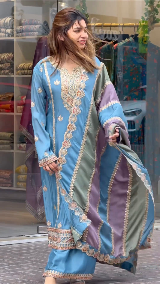 PREMIUM DESIGNER READYMADE TOP PLAZZO & DUPATTA SET.