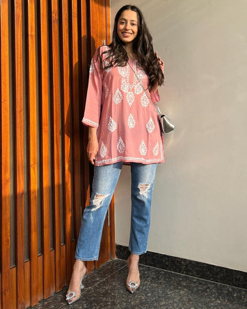 Peach Chikankari Embroidery Cotton Kurta