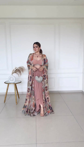DESIGNER FANCY WESTERN STYLE FIONA SILK PRINTED AND COIN LACE WORK KOTI, CHOLI WITH WESTERN BOTTOM