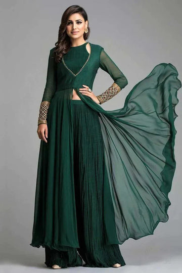 Bottle Green Georgette Anarkali Suit With Plazo