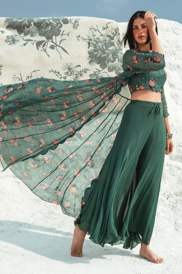 Green Top Printed Jacket And Pant Set